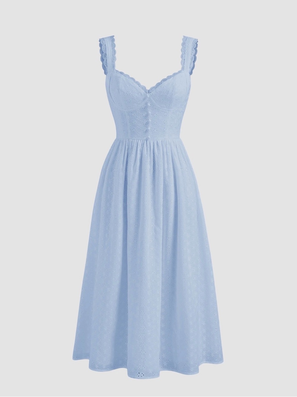 Blue cotton v-neck floral button midi dress